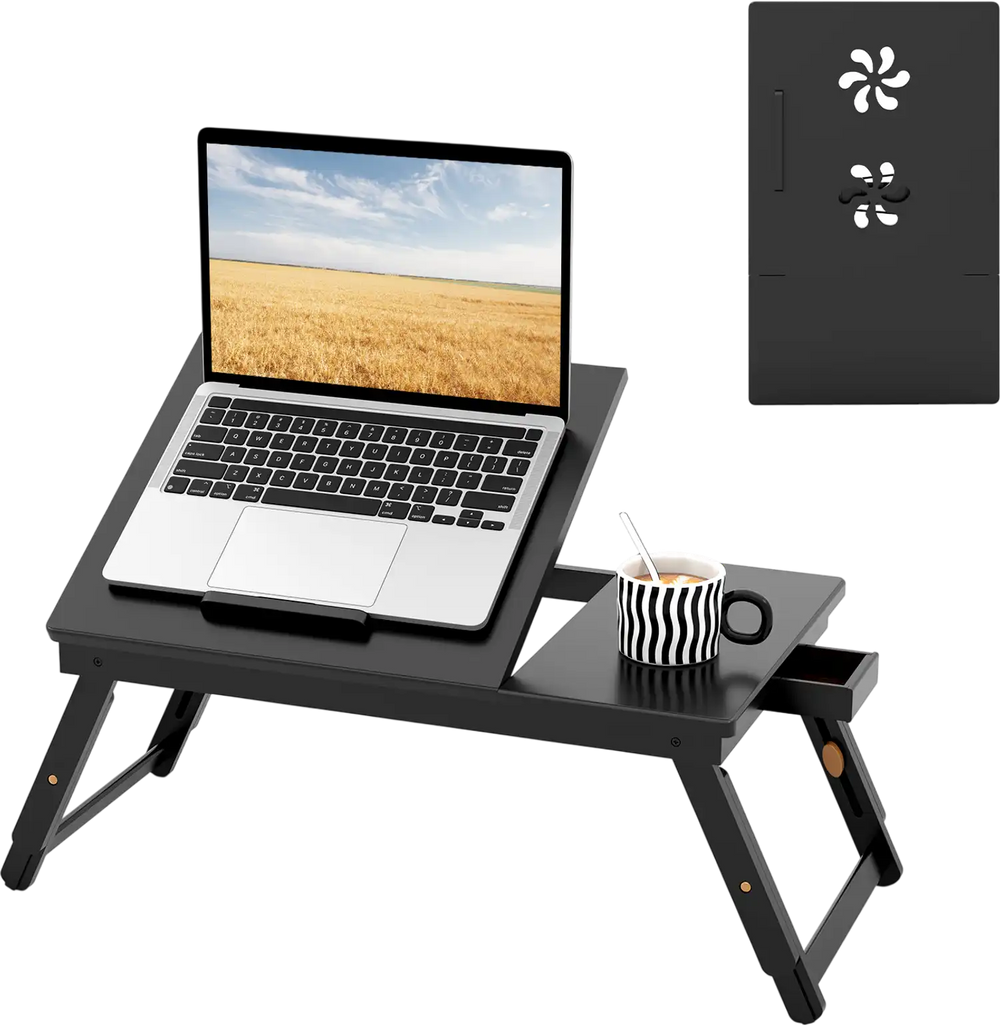 Adjustable bamboo laptop desk with tilting top, drawer, and fan-shaped design for optimal viewing and heat dissipation.