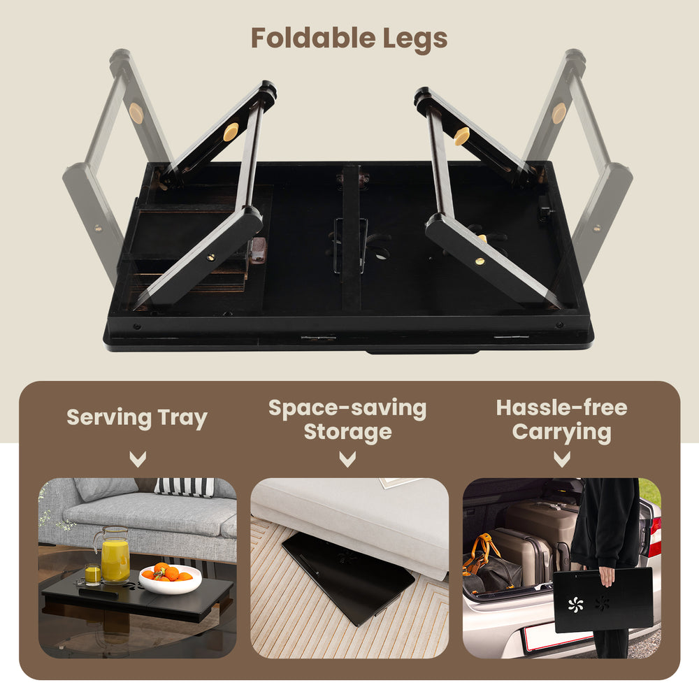 Adjustable bamboo laptop desk with foldable legs, tilting top, and storage drawer for versatile use in any room.