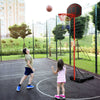 Children playing basketball with an adjustable hoop in black and red, showcasing its portable design and adjustable.