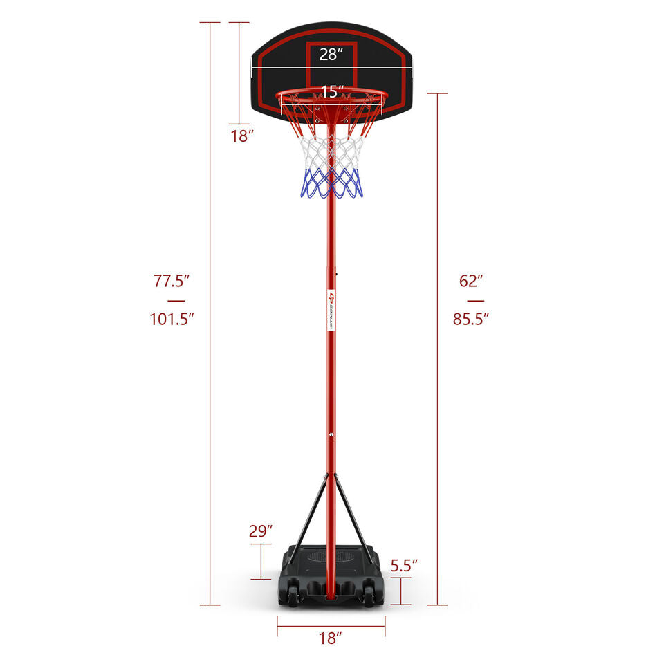 Adjustable basketball hoop system in black and red with a fillable base and two wheels for easy transport and stability.