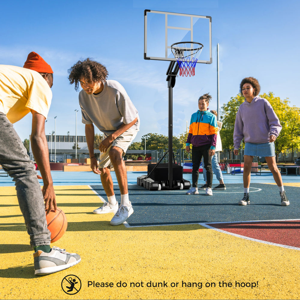 Adjustable basketball hoop with shatterproof backboard, suitable for all ages, perfect for outdoor play and stability.