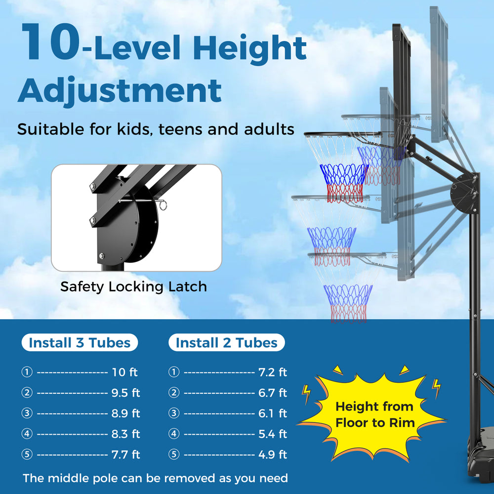 Adjustable basketball hoop with shatterproof backboard, 10-level height adjustment, suitable for indoor and outdoor use.