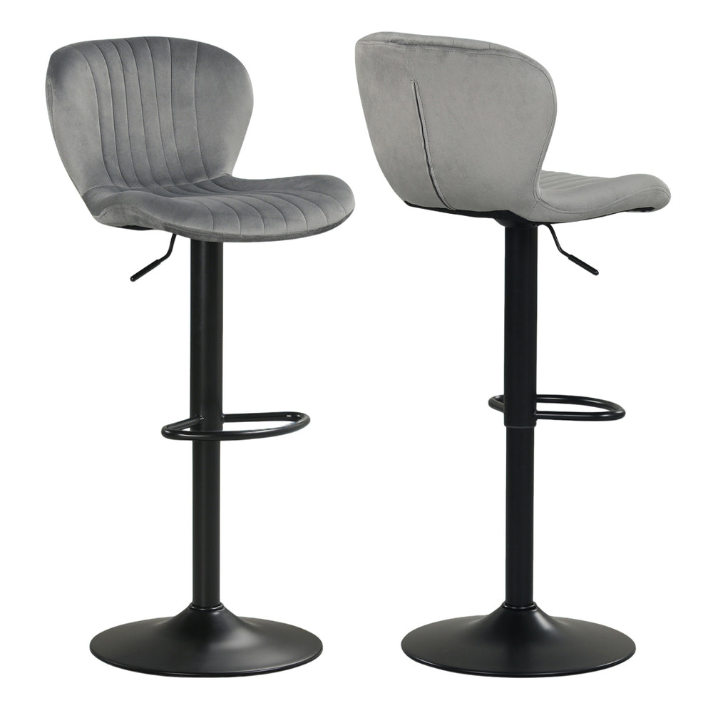 Adjustable gray velvet counter height chairs set of 2 with 360° swivel and round metal base for home bars and dining.