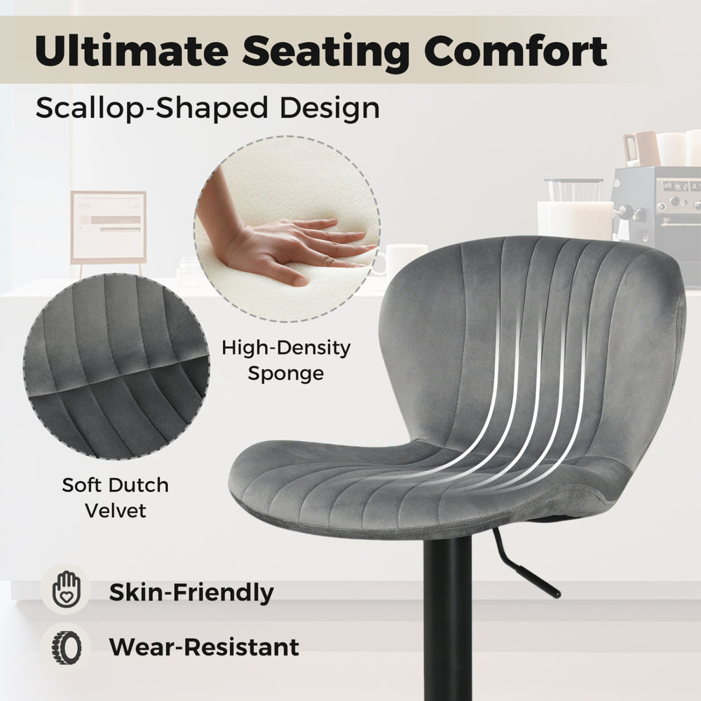 Adjustable gray velvet counter height chair with scallop-shaped design, 360° swivel, and ergonomic footrest for comfort.
