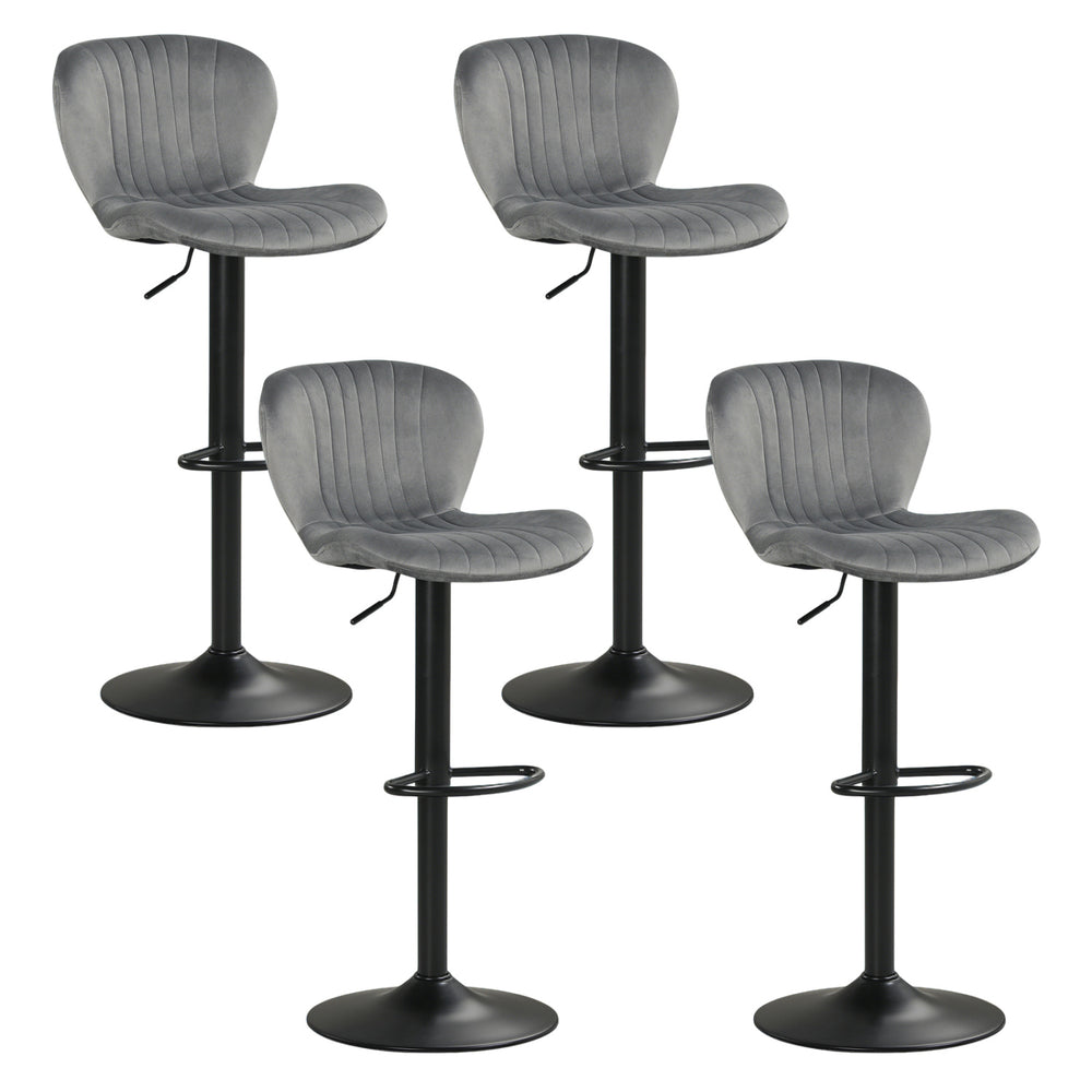 Set of 4 adjustable counter height chairs with gray velvet upholstery and 360° swivel design for home bars and dining.