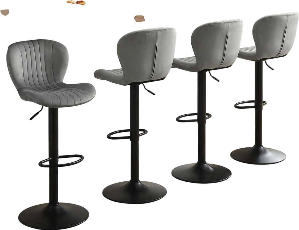 Set of 4 adjustable counter height chairs with gray velvet upholstery and 360° swivel design for modern dining spaces.