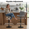 Adjustable gray velvet counter height chair with 360° swivel and ergonomic footrest, ideal for home bars and dining.