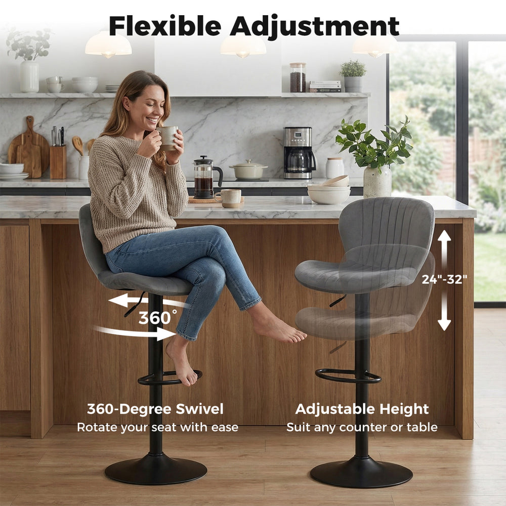 Adjustable gray velvet counter height chair with 360° swivel and ergonomic footrest, ideal for home bars and dining.