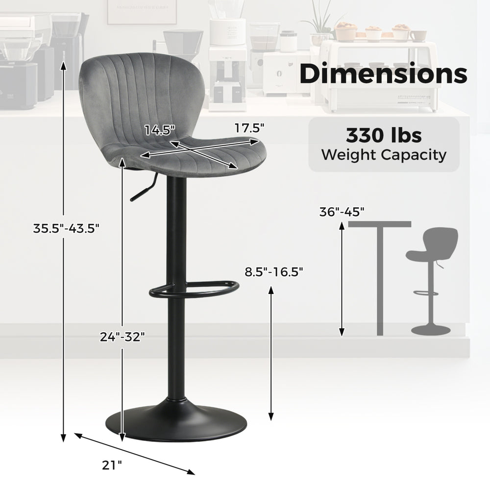 Adjustable counter height chair with gray velvet upholstery, 24"-32" seat height, ideal for home bars and dining rooms.