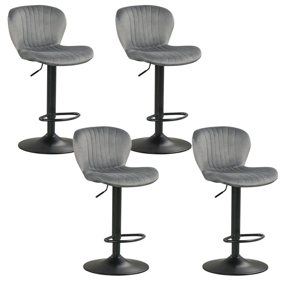 Set of 4 adjustable counter height chairs with gray velvet upholstery and round metal bases for home bars and dining.