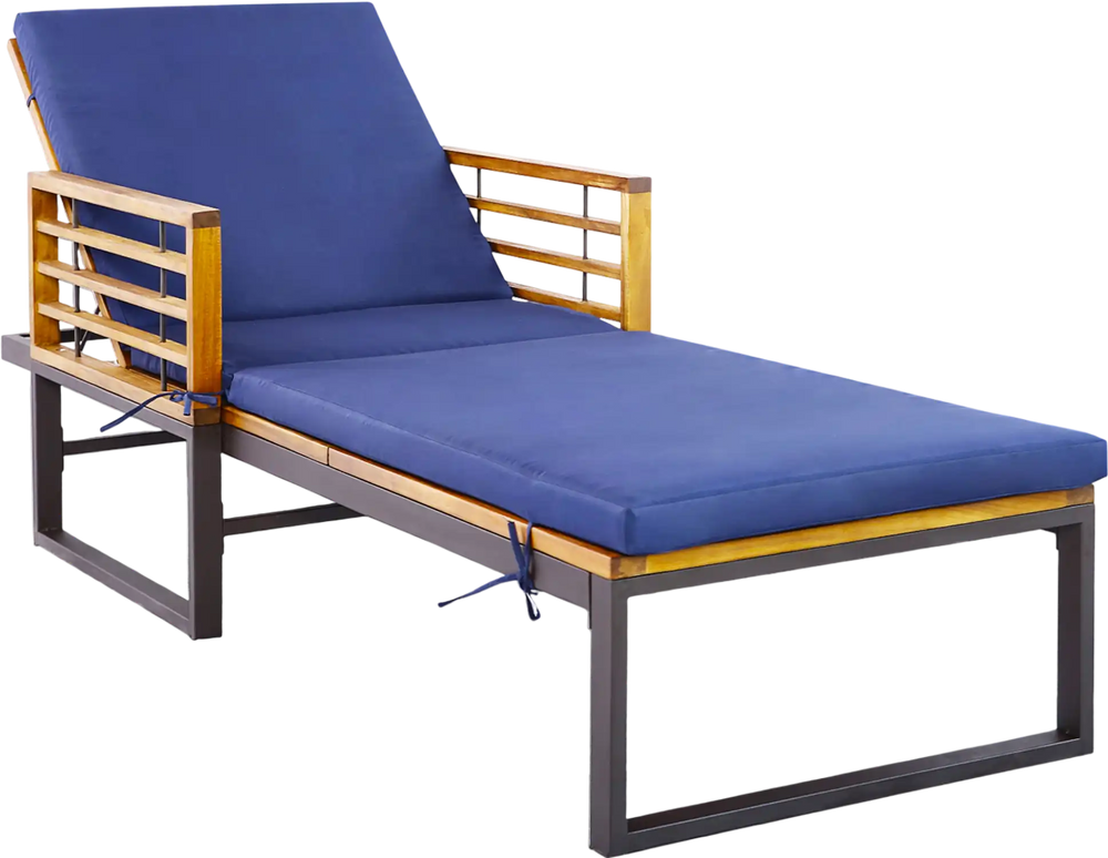 Adjustable cushioned patio chaise lounge chair in navy with acacia wood frame, perfect for poolside relaxation.