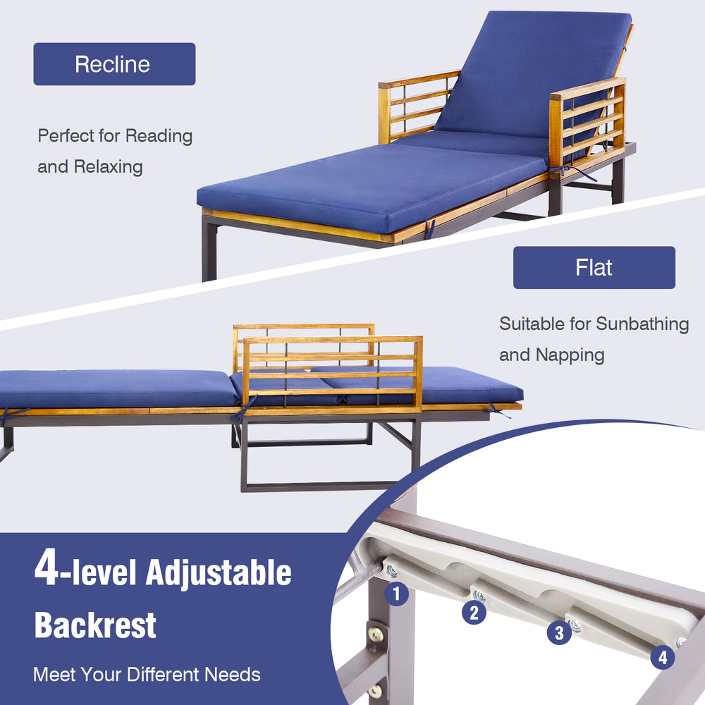 Adjustable cushioned patio chaise lounge chair in navy with 4-level backrest, perfect for poolside relaxation.