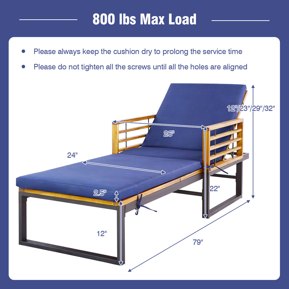 Adjustable cushioned patio chaise lounge chair with navy cushion, sturdy acacia wood frame, ideal for outdoor.