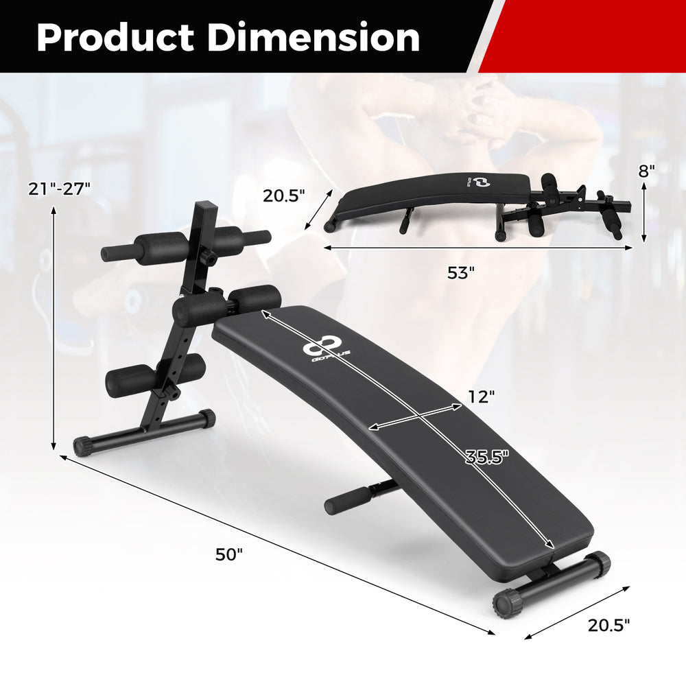 Adjustable decline sit-up bench dimensions showing 5 height settings and sturdy construction for versatile workouts.