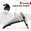 Adjustable decline sit-up bench showing 5 height positions with a screw-in knob for secure height fixation.