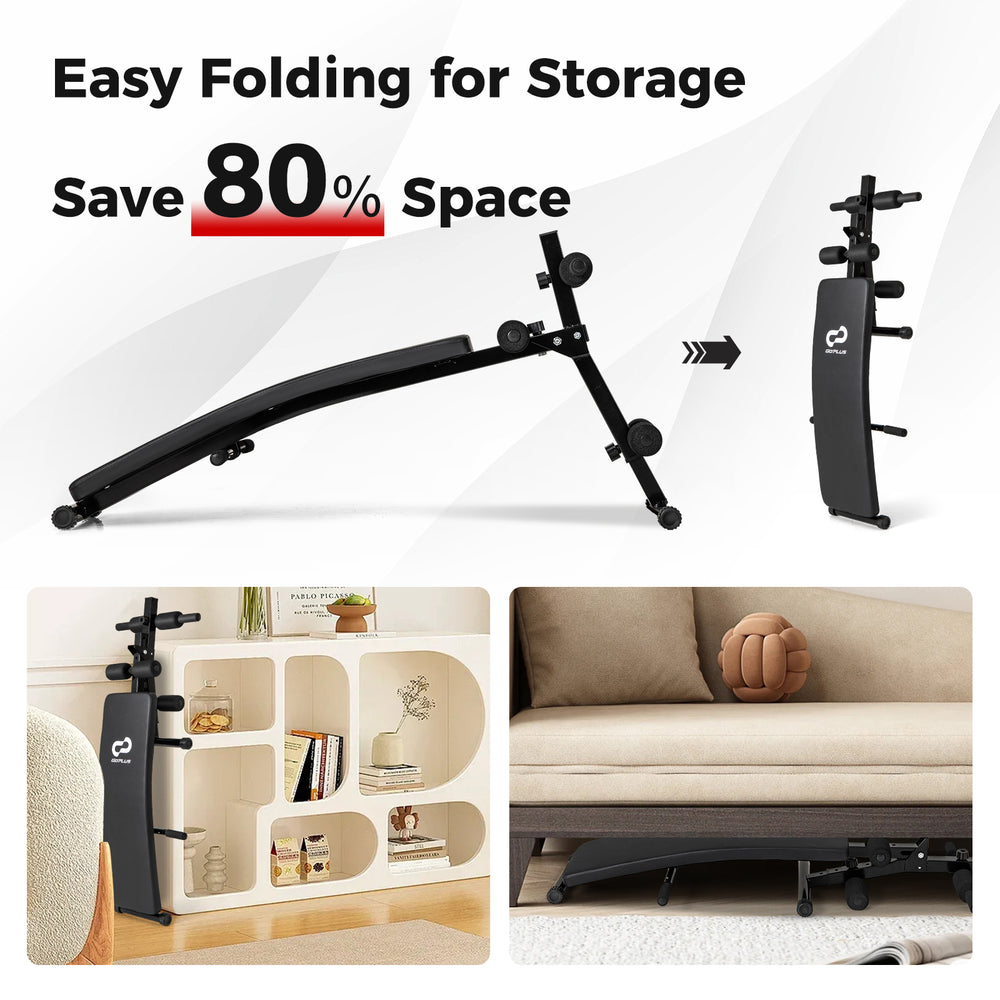 Adjustable decline sit-up bench with 5 heights, foldable design, and padded cushion for versatile workouts and.