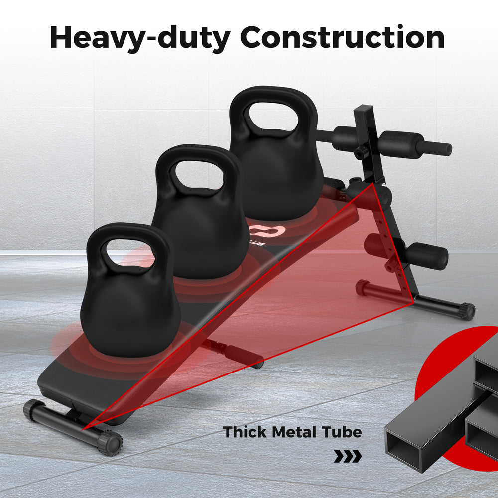 Adjustable decline sit-up bench with heavy-duty construction, thick metal tube, and push-up bar for versatile workouts.