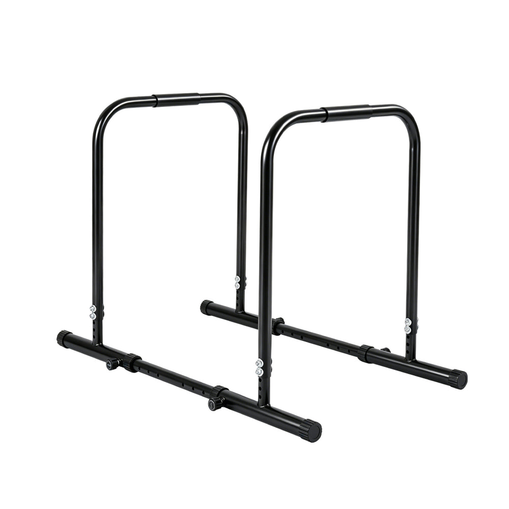 Adjustable dip bar station in black with 660 lbs capacity, featuring foam-padded handles and customizable width.