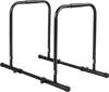Adjustable dip bar station in black with foam-padded handles, ideal for dips and push-ups, supports 660 lbs capacity.