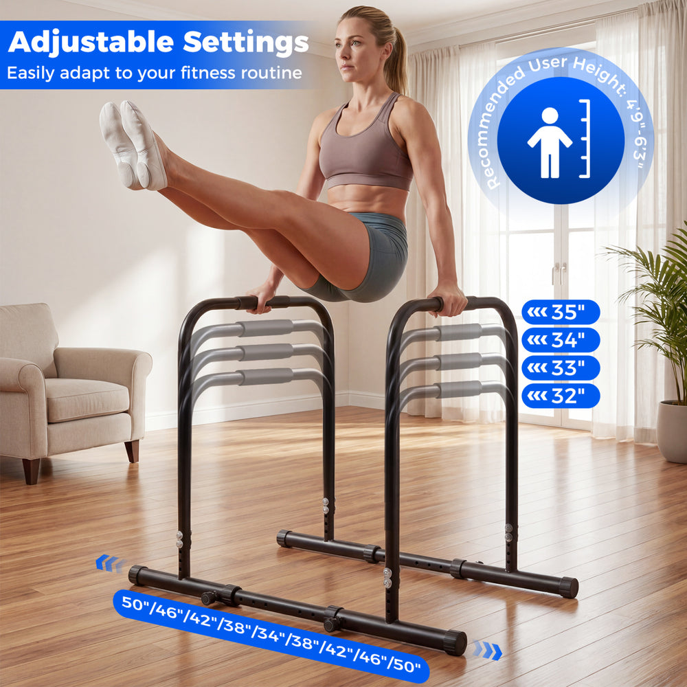 Adjustable dip bar station in black with a wide base design, ensuring stability and safety during various exercises.