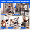 Adjustable dip bar station showcasing various exercises like push-ups and knee tucks, designed for home gym use.