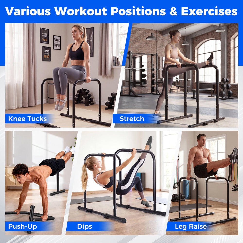 Adjustable dip bar station showcasing various exercises like push-ups and knee tucks, designed for home gym use.