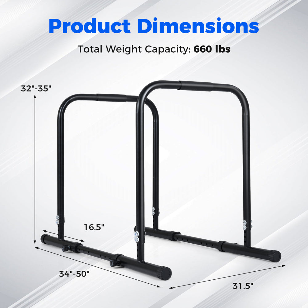 Adjustable dip bar station dimensions showing 660 lbs capacity, with height and width settings for versatile workouts.