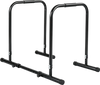 Adjustable dip bar station shown from the side, featuring a wide base design for improved stability during workouts.