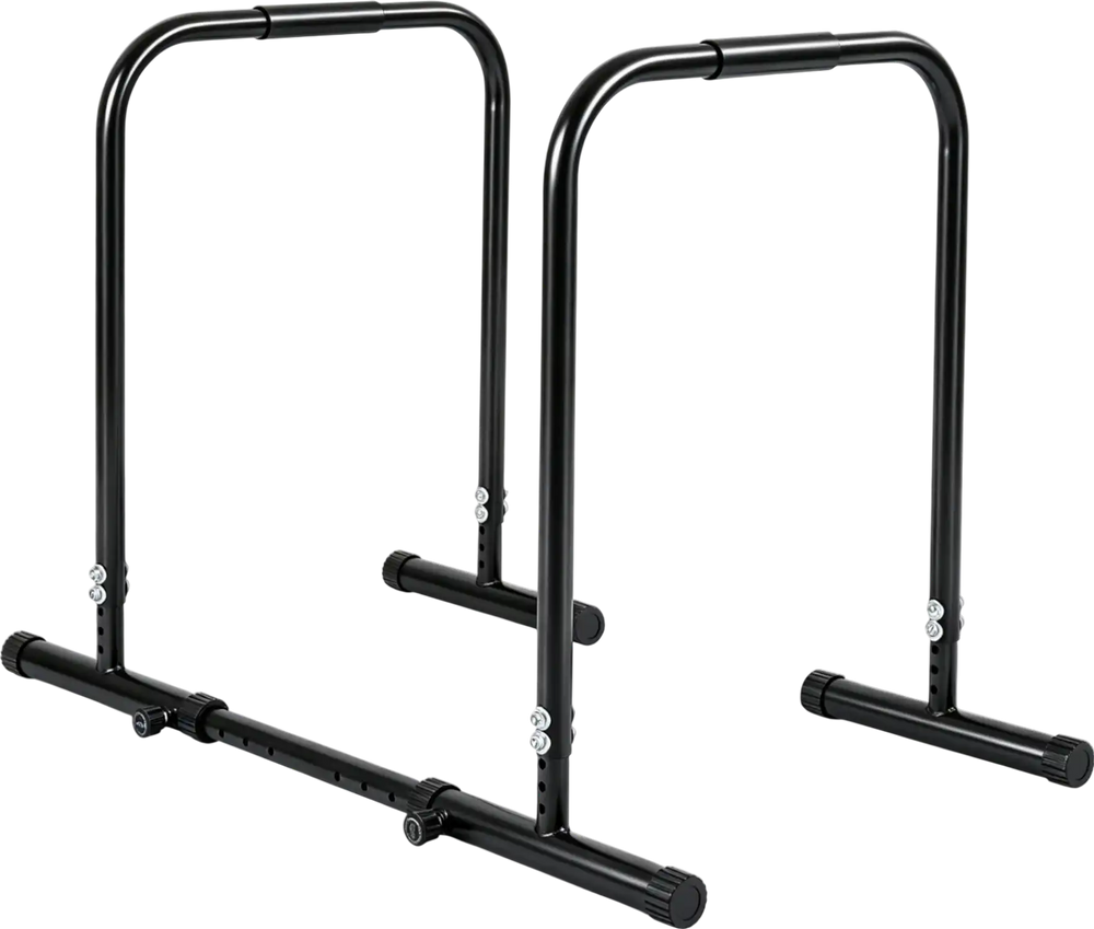 Adjustable dip bar station shown from the side, featuring a wide base design for improved stability during workouts.