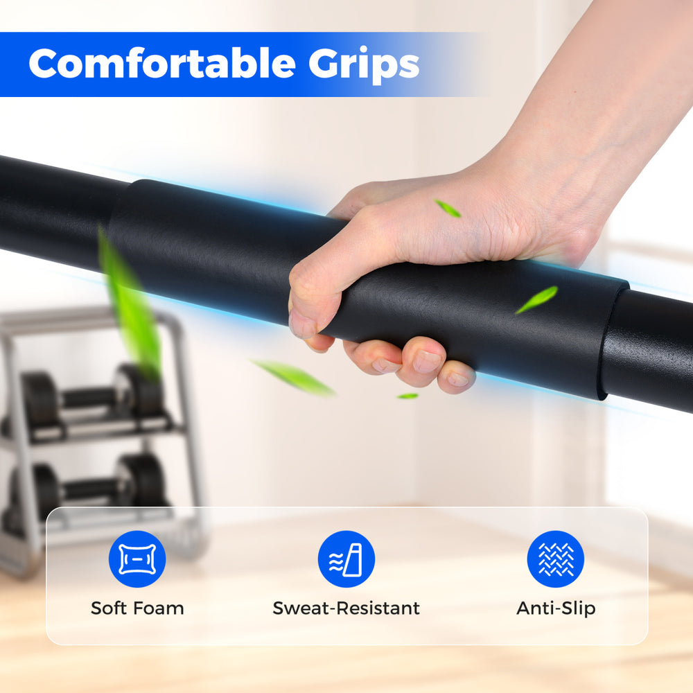 Close-up of foam-padded handle on adjustable dip bar station, designed for enhanced grip and reduced hand fatigue.