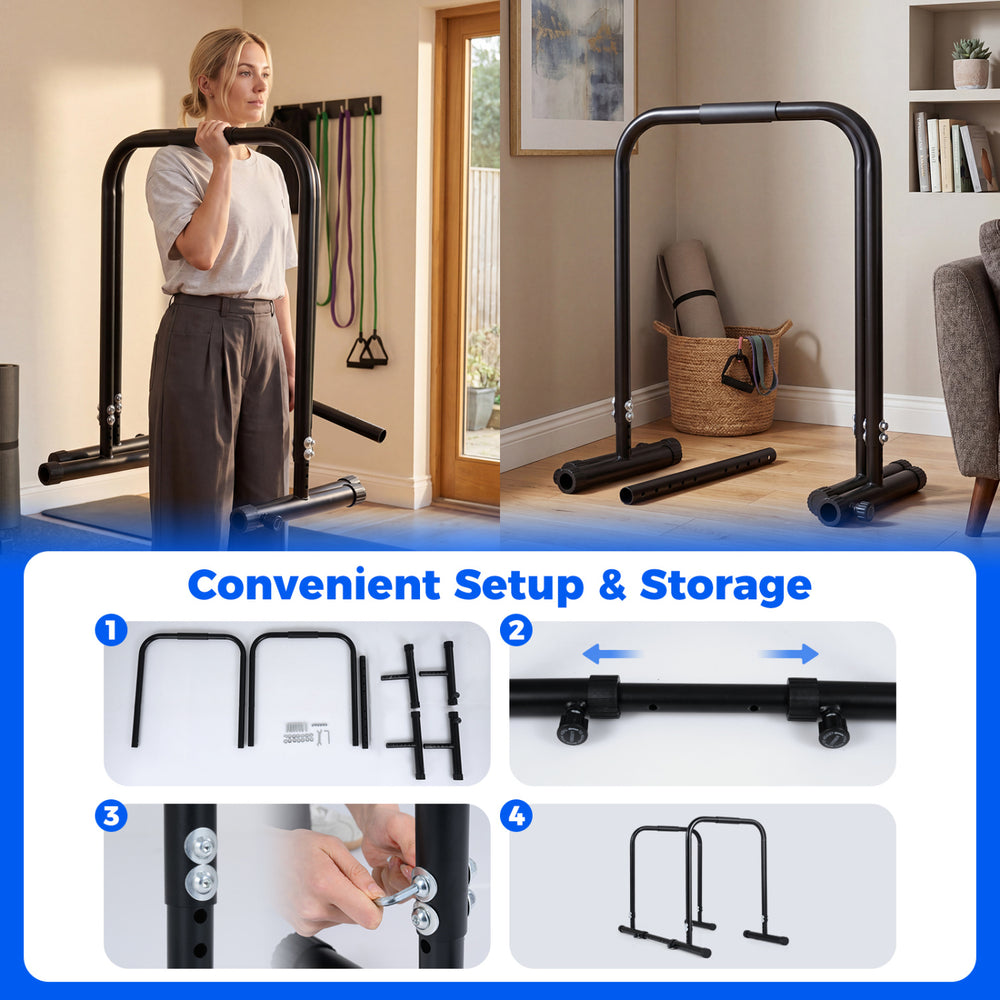 Adjustable dip bar station in black with foam-padded handles, 660 lbs capacity, ideal for calisthenics and strength.