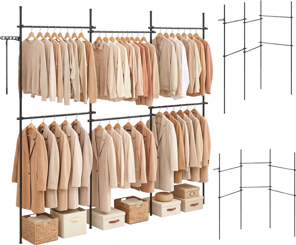 Adjustable floor-to-ceiling clothes rack with multiple hanging rods and ample storage space for versatile wardrobe organization.