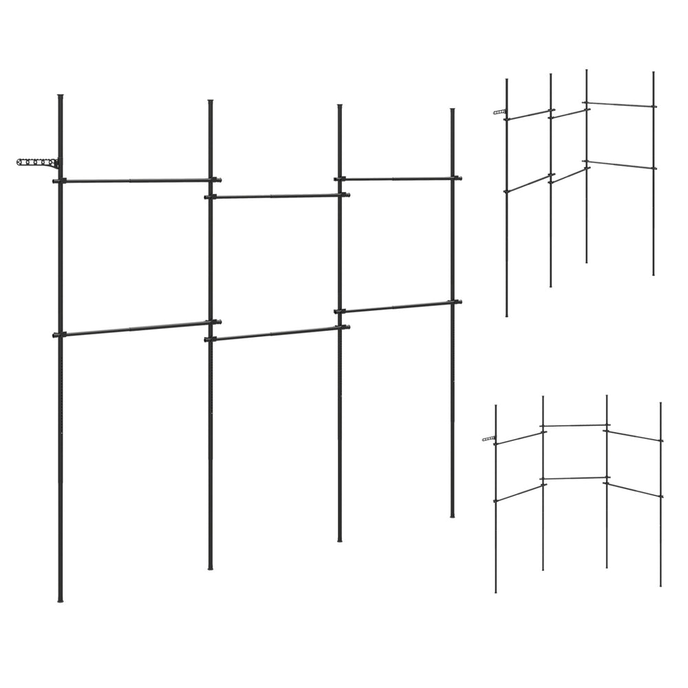 Adjustable floor-to-ceiling clothes rack with 4 hanging rods, suitable for closets and versatile installation options.