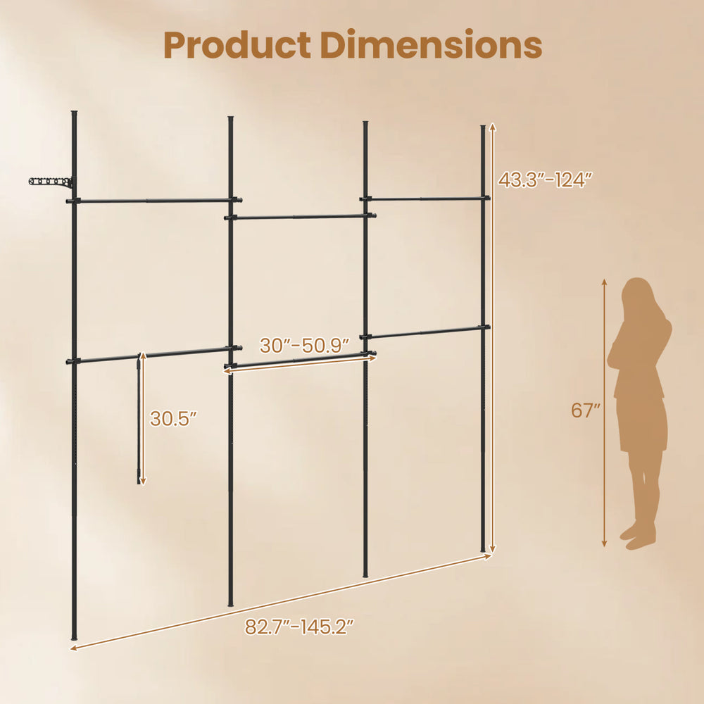 Adjustable floor-to-ceiling clothes rack with 2, 4, or 6 hanging rods, featuring a high-carbon steel frame for sturdy support.
