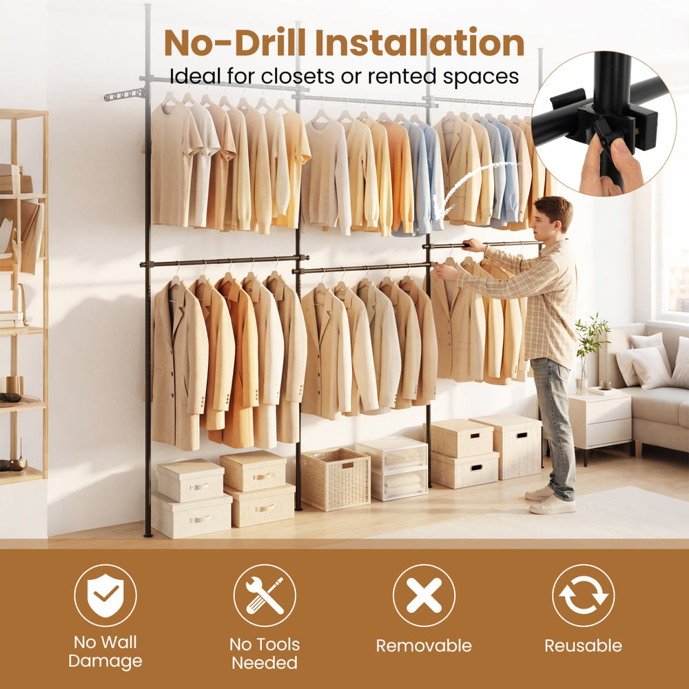 Adjustable floor-to-ceiling clothes rack with 2 hanging rods, ideal for closets or rented spaces, featuring no-drill installation.