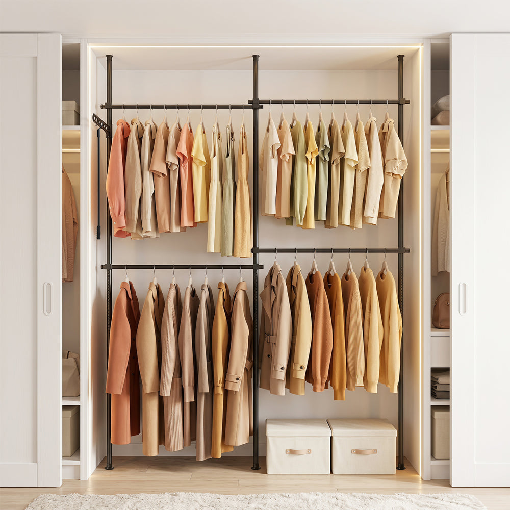 Adjustable black floor-to-ceiling clothes rack with four hanging rods, perfect for organizing T-shirts and jackets.