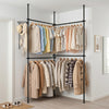 Adjustable black floor-to-ceiling clothes rack with 4 hanging rods for versatile storage of clothing and accessories.