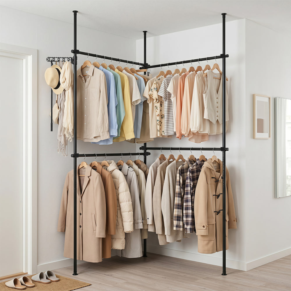 Adjustable black floor-to-ceiling clothes rack with 4 hanging rods for versatile storage of clothing and accessories.