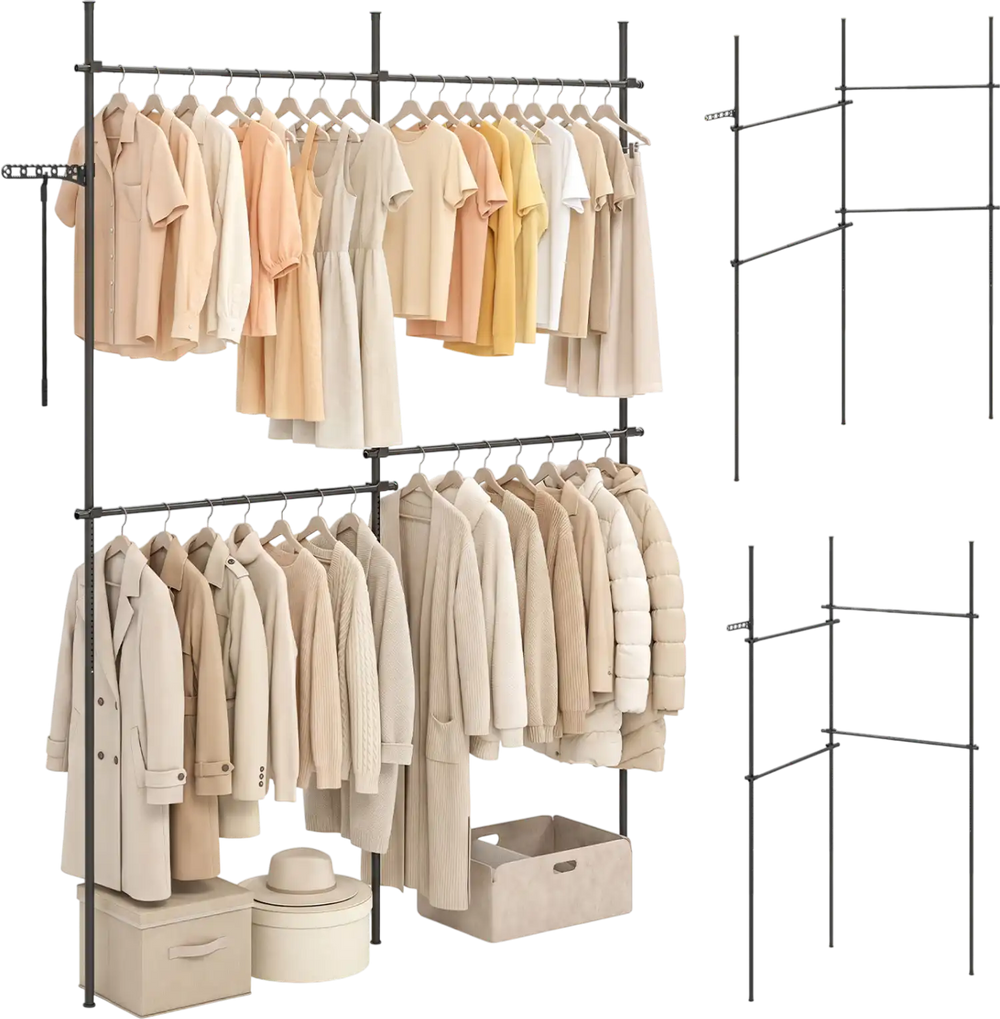 Adjustable black floor-to-ceiling clothes rack with 4 hanging rods, ideal for versatile closet organization and space-saving.