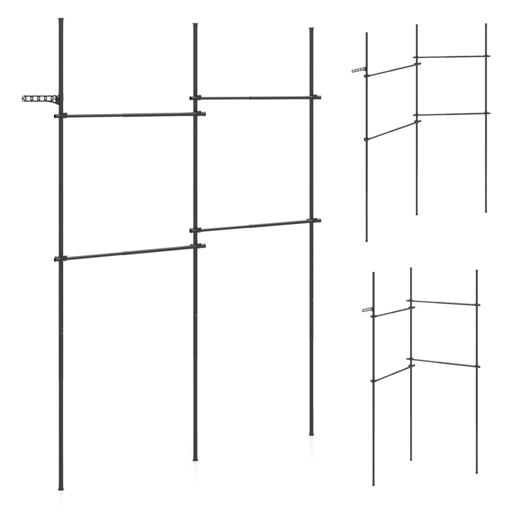 Adjustable floor-to-ceiling clothes rack in black with four hanging rods, perfect for maximizing closet space and organization.