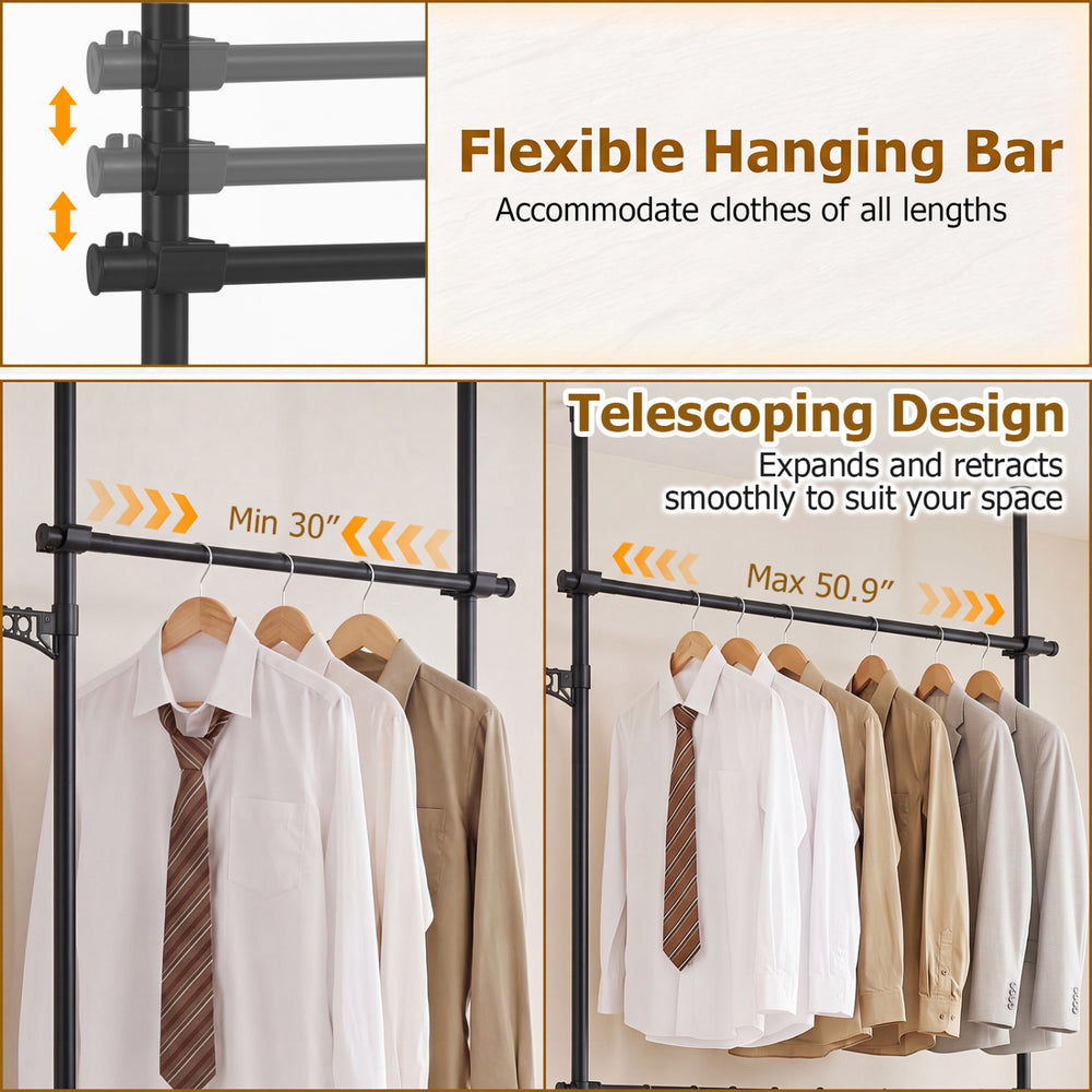 Adjustable floor-to-ceiling clothes rack in black with telescoping design and two sturdy hanging rods for versatile storage.