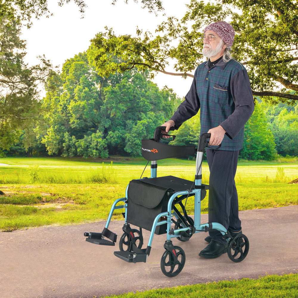 2-in-1 adjustable folding rollator walker in blue, featuring a detachable storage bag and ergonomic handles for safety.