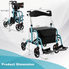Adjustable folding rollator walker in blue with storage bag, showing dimensions and features for convenience and safety.