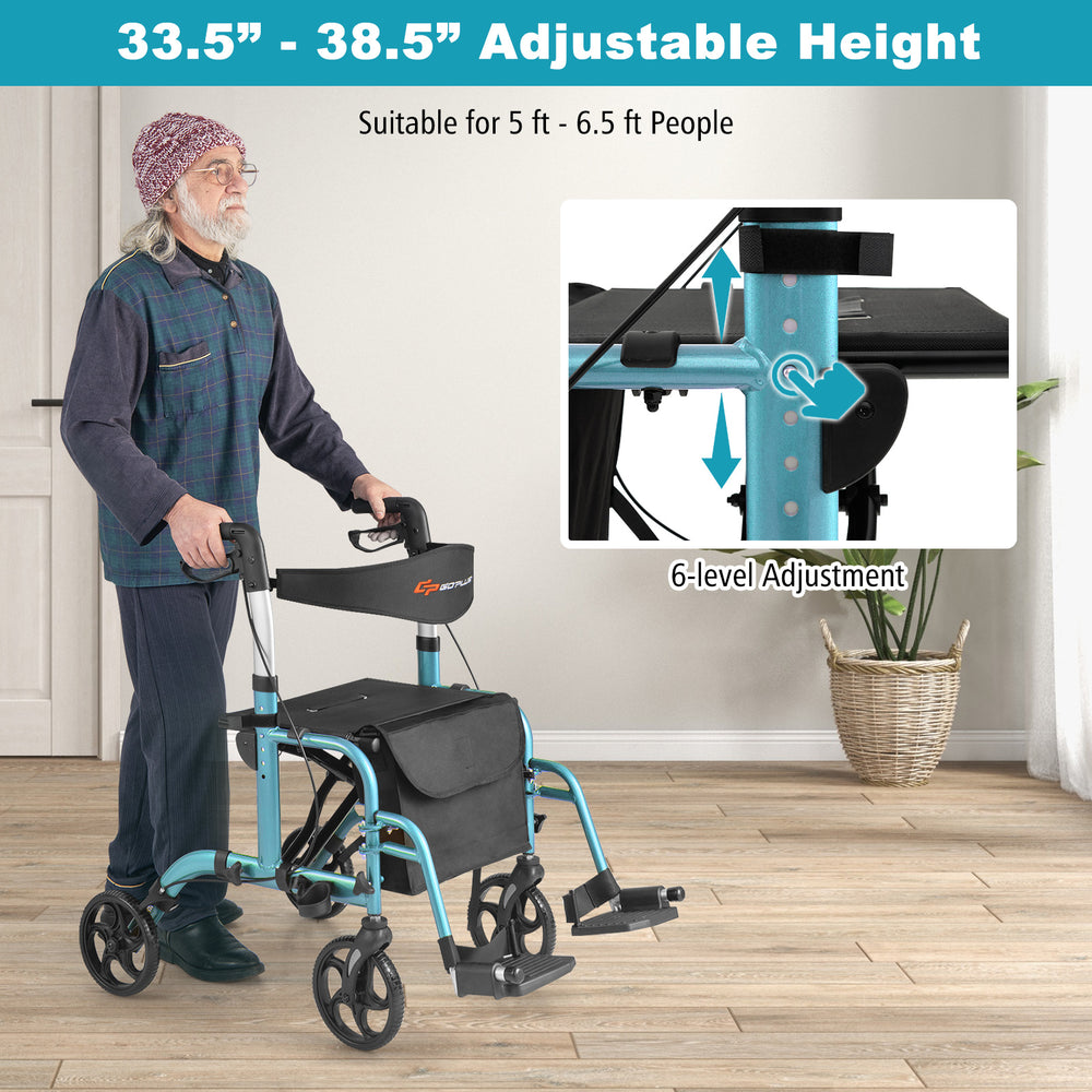 Adjustable folding handle rollator walker in blue, featuring six height settings and a detachable storage bag for.