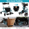 Adjustable folding handle rollator walker in blue, showcasing storage space and compact design for easy transport.