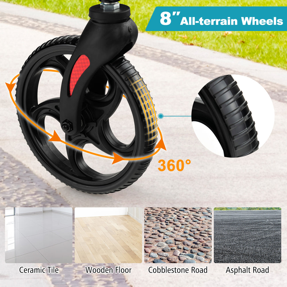8-inch all-terrain wheels of the blue 2-in-1 adjustable folding rollator walker, suitable for various surfaces.