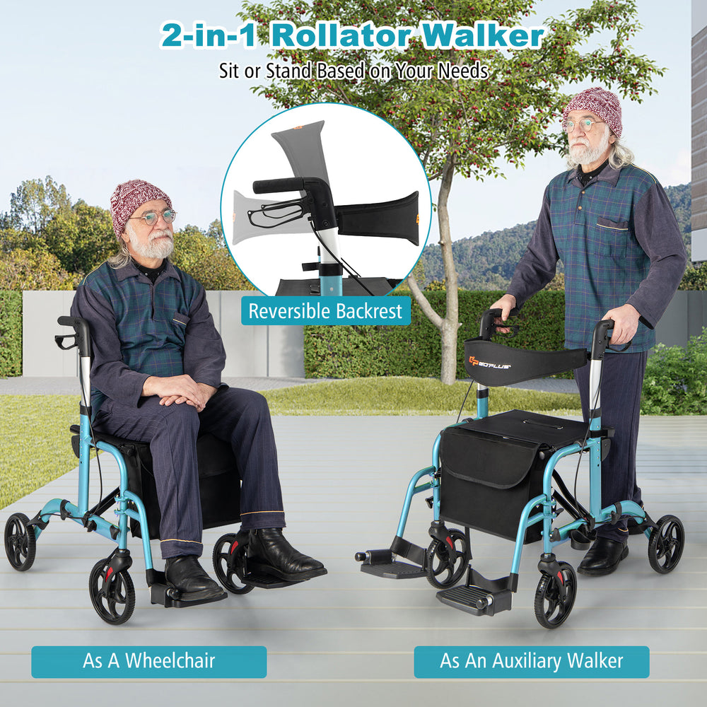 2-in-1 adjustable folding rollator walker in blue, convertible to wheelchair, with storage bag and ergonomic handles.
