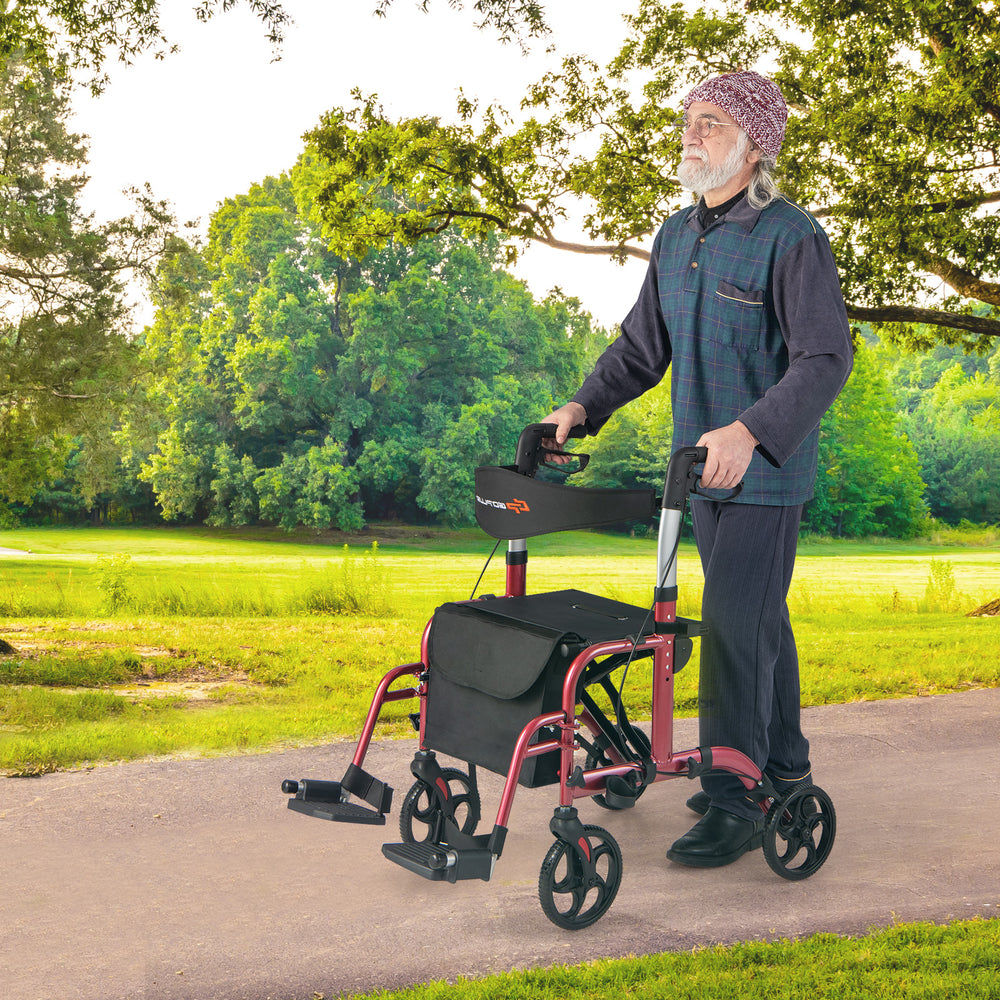 2-in-1 Adjustable Folding Handle Rollator Walker with Storage Space-Red - Gallery View 1 of 10