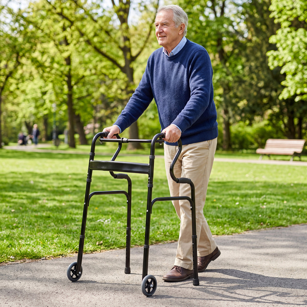 Adjustable Heavy-Duty Folding Walker with Unidirectional Wheels and Bi-Level Armrests-Black - Gallery View 1 of 11
