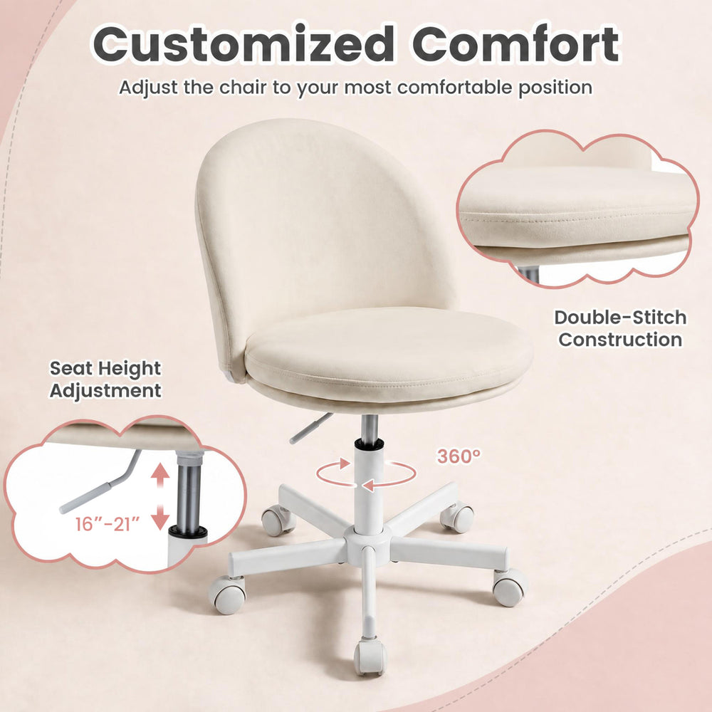 Ergonomic makeup chair with lumbar support, plush velvet, adjustable height 16"-21", and 360-degree rotation for comfort.